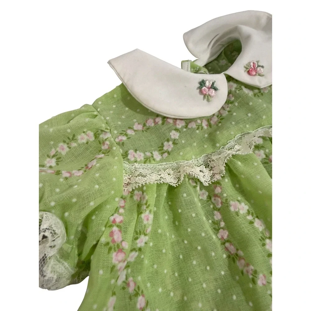 Handmade Baby Doll Outfit‎ Green Swiss Dot Floral Dress Slip Bloomers 3pc Set